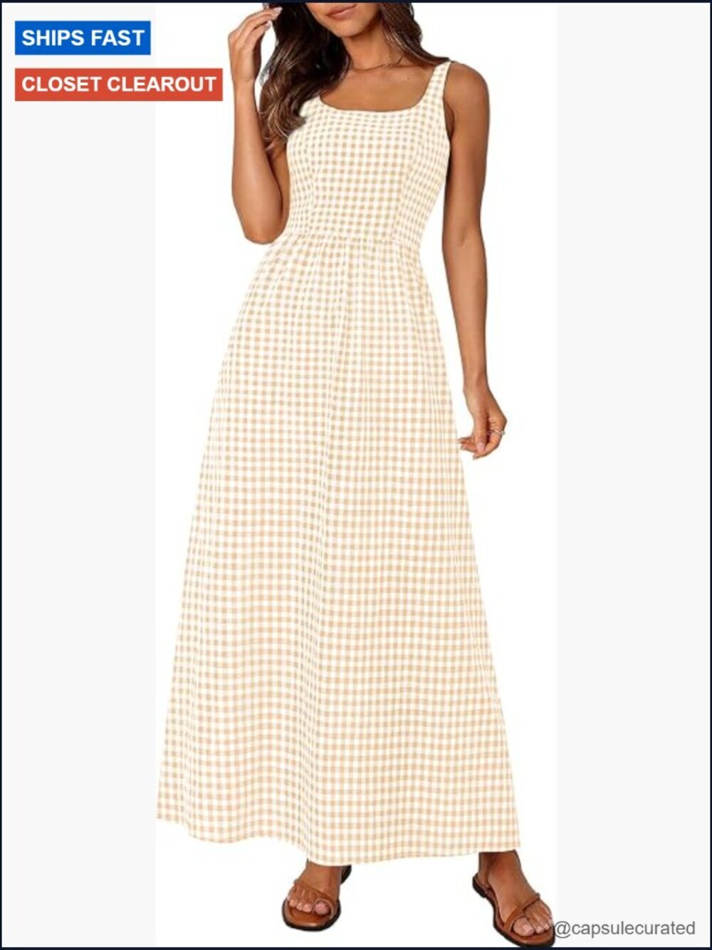 Spaghetti Strap Maxi Dress Square Neck A-Line Smocked Back Plaid Summer